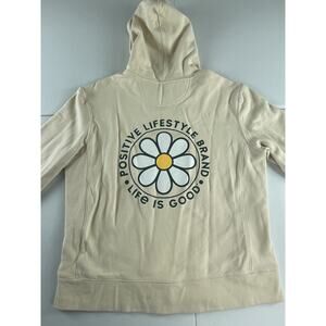 Life Is Good Hoodie Womens Large Zip Sweater Flower Daisy Cream Ivory Good Vibes